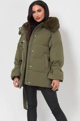 padded puffer hooded coat with belt womens