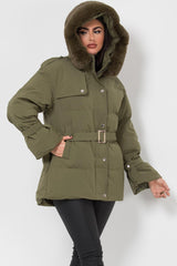 puffer padded hooded coat with belt