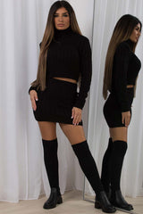 black knitted skirt and top co ord two piece set