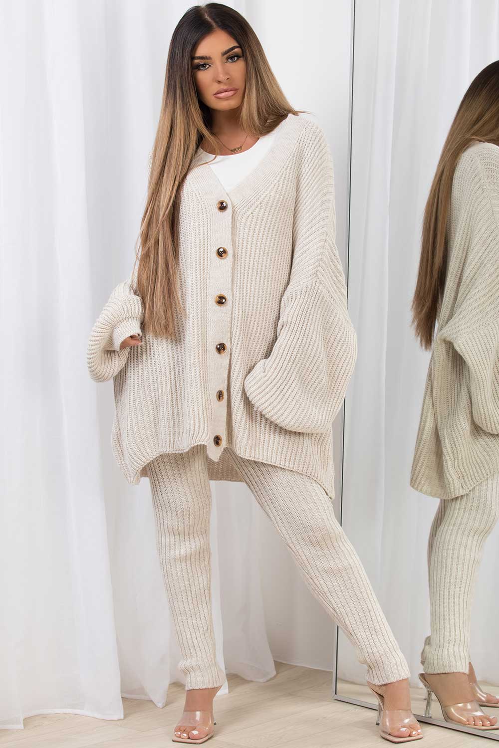 knitted lounge set beige ooversized cardigan and leggings set