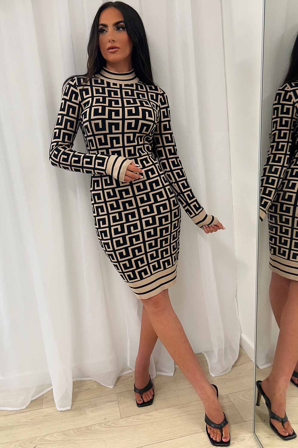 long sleeve knitted midi dress with fendi inspired print