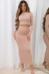 long sleeve knitted crop top and skirt set