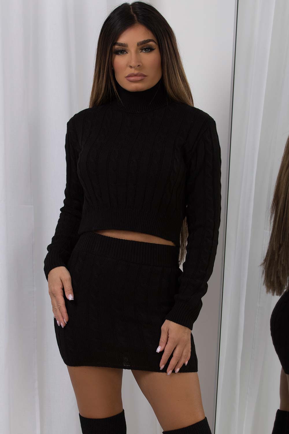 knitted skirt and roll neck crop top co ord set