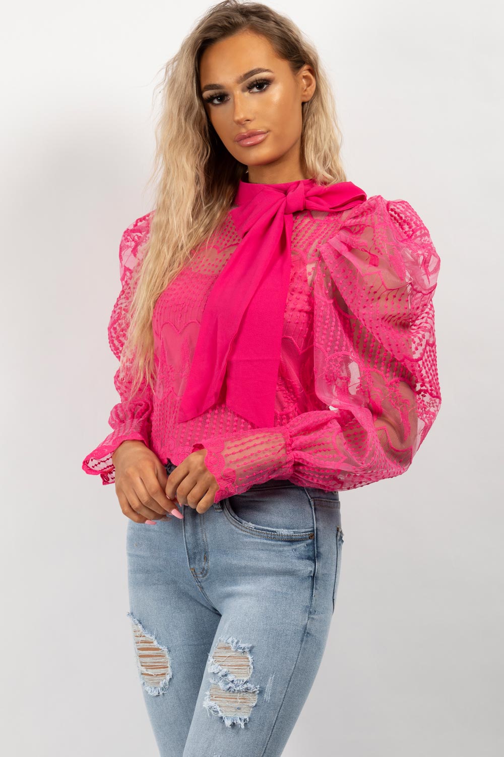 Lace Puff Sleeve Blouse With Tie Neck – Styledup.co.uk