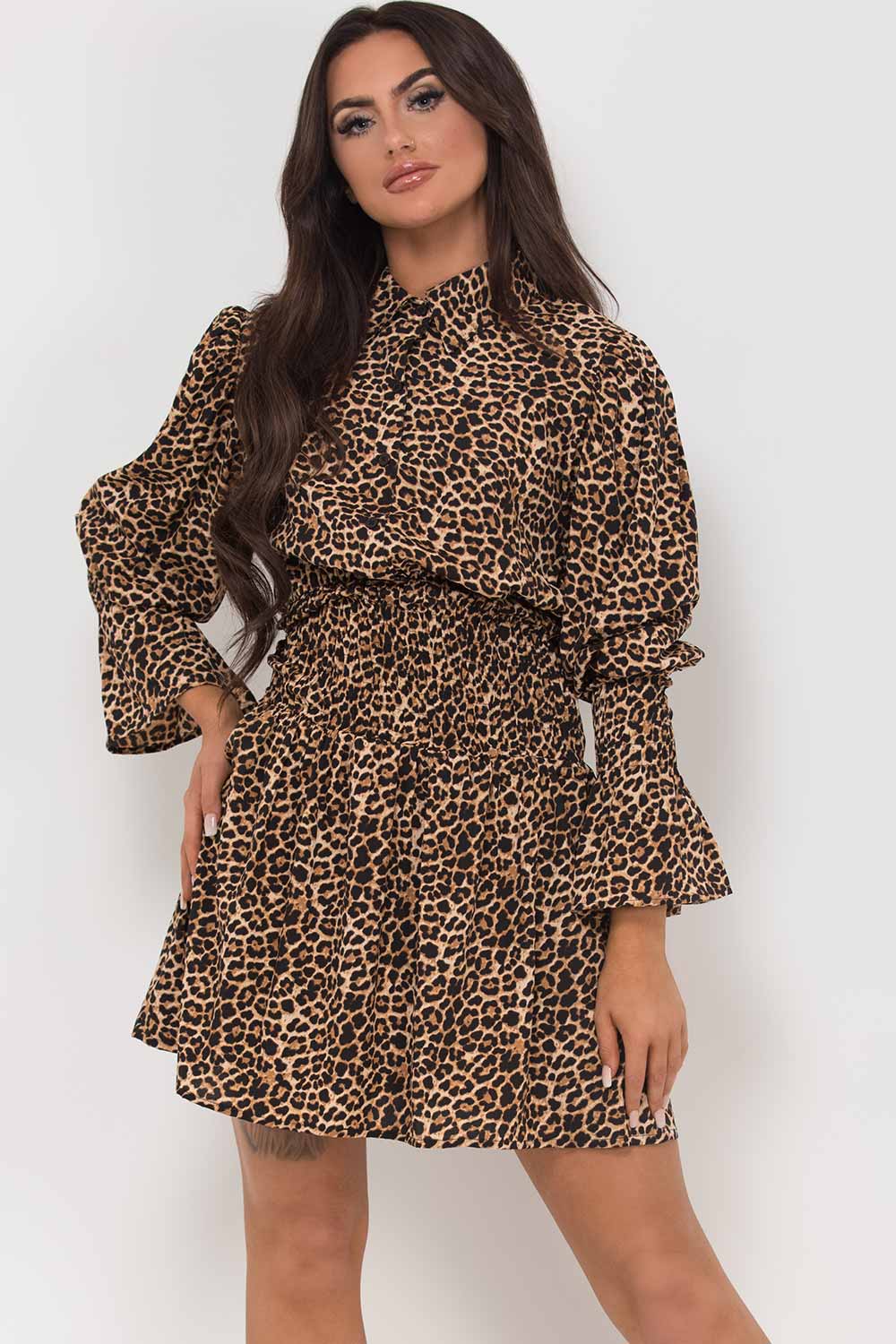 leopard print shirred waist shirt derss