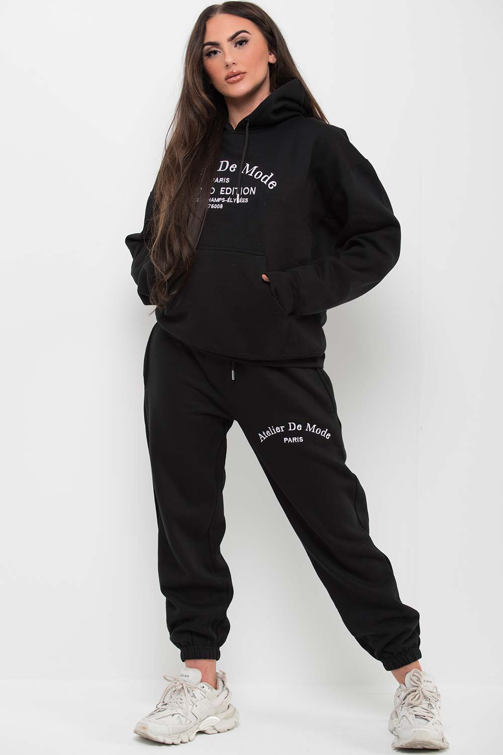 black hoodie and joggers two piece co ord set womens