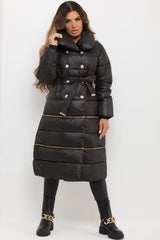 womens long puffer padded quilted duvet coat with gold buttons