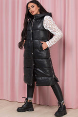 black faux leather puffer padded gilet body warmer