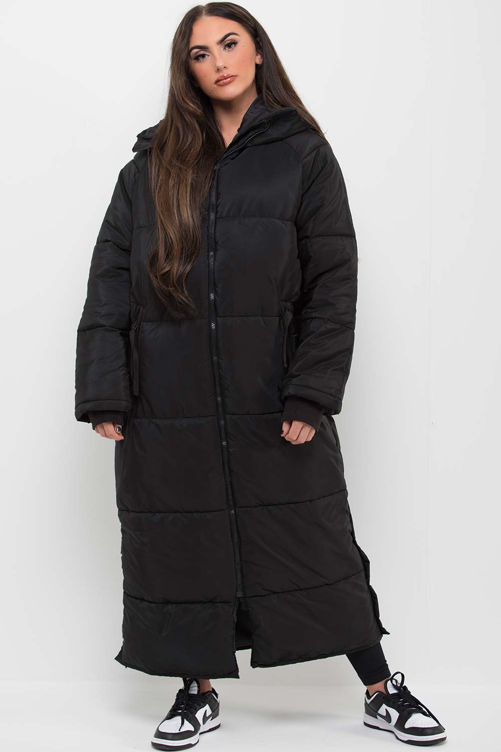 womens long coat with hood black