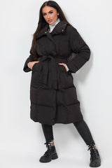 womens padded puffer long coat with belt