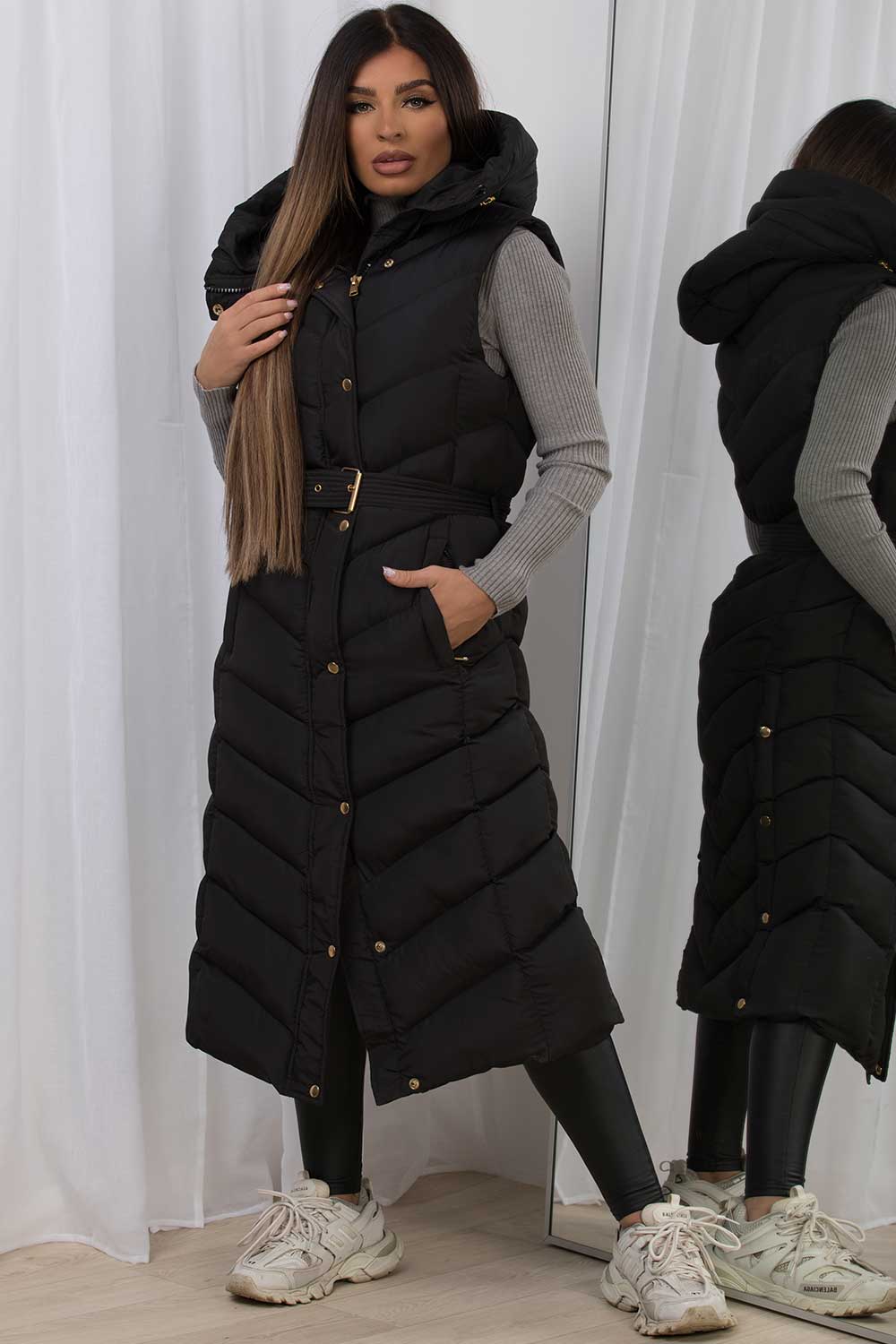 Womens Long Quilted Padded Gilet Hooded Bodywarmer