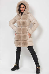 faux fur hooded padded puffer long coat with belt