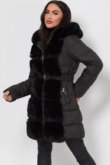 faux fur hood and trim puffer down jacket longline