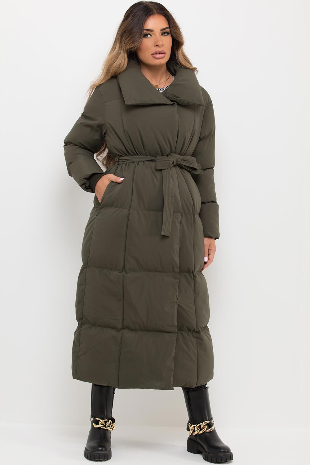 khaki long puffer padded duvet coat womens uk