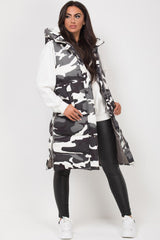 camouflage padded puffer long gilet womens