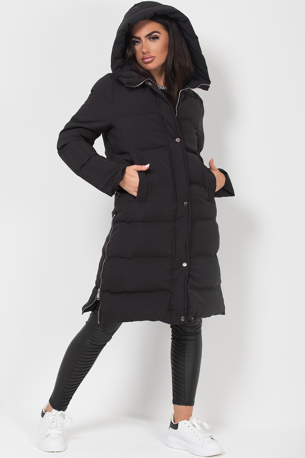 Women's Long Puffer Padded Hooded Coat With Side Zip Black – Styledup.co.uk