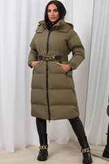 long puffer padded hooded coat with belt womens