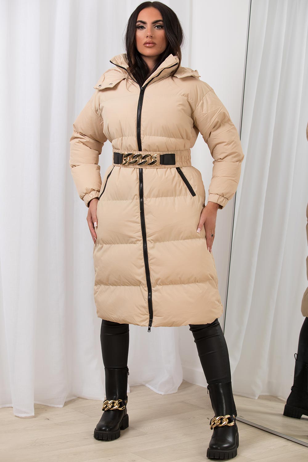 long puffer coat with belt womens