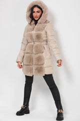 faux fur trim puffer padded hooded coat beige