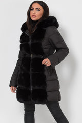 black long puffer padded jacket with faux fur hood and trim