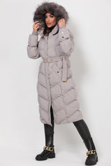 womens fur hooded puffer coat longline