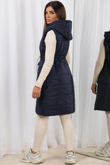 long padded puffer hooded gilet with drawstring navy