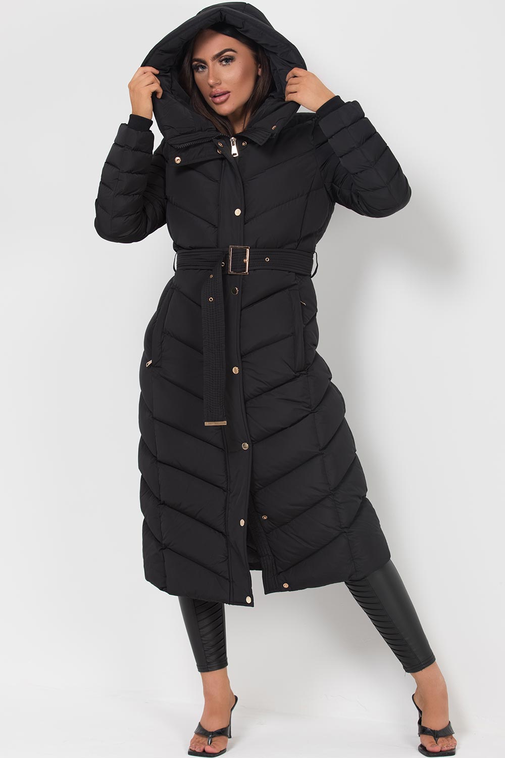 black long padded puffer coat with hood womens
