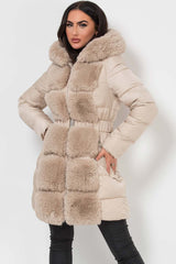 puffer padded faux fur trim jacket with belt