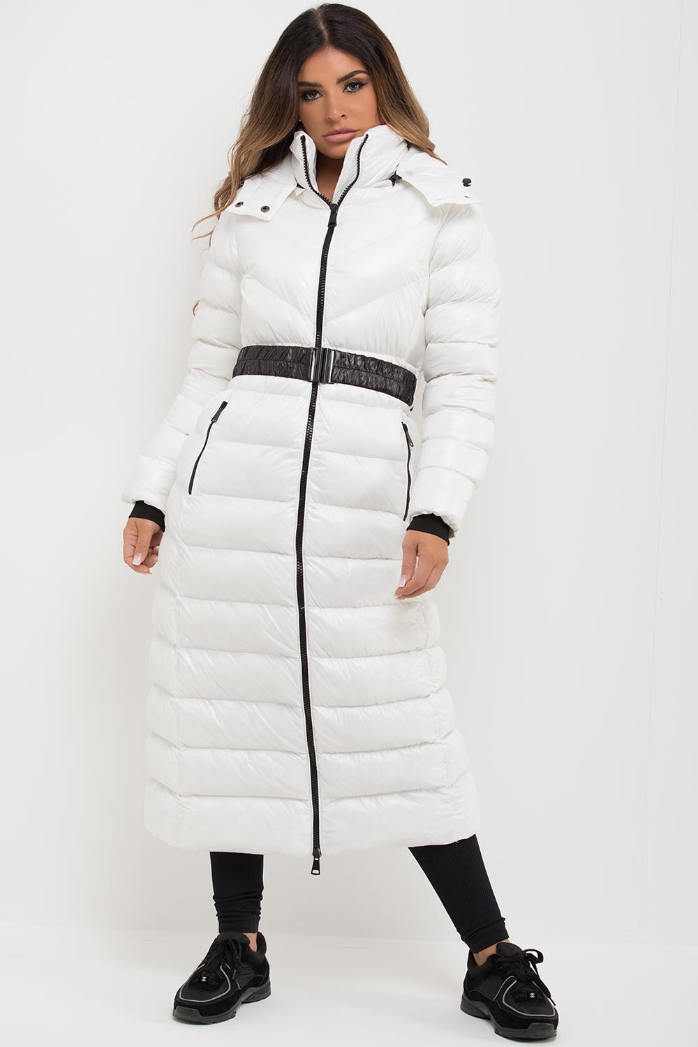 womens longline puffer jacket with hood and belt