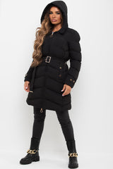 womens longline puffer coat with belt