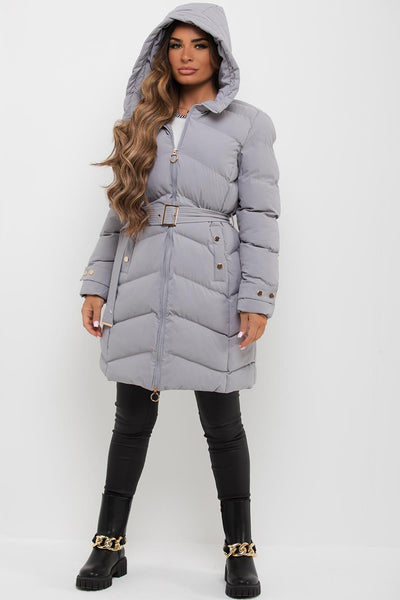 Grey Long Puffer Coat With Belt And Gold Button Detail – Styledup.co.uk