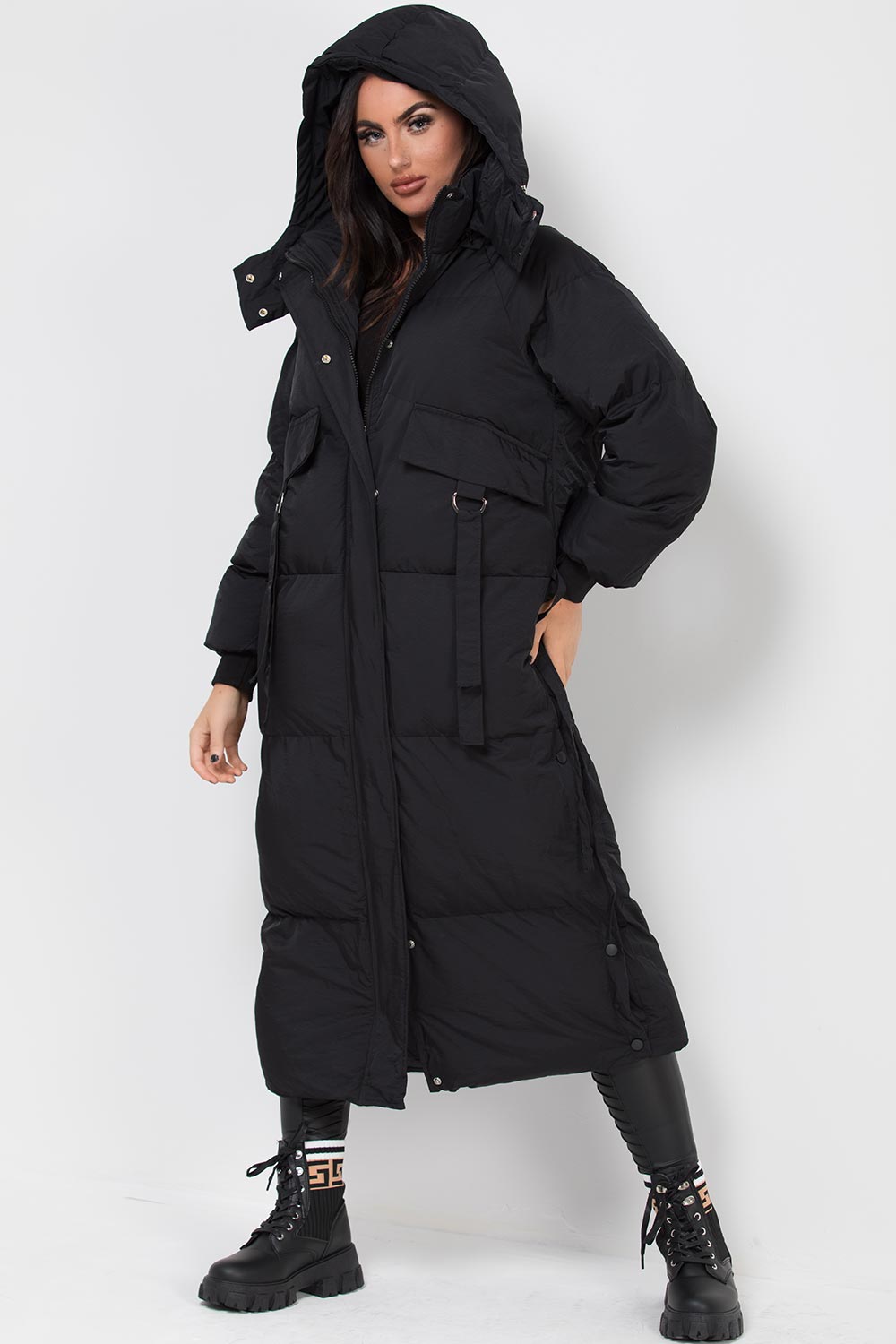 womens long puffer padded hooded coat black