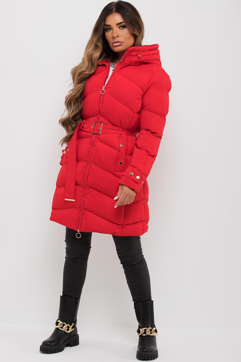 womens long padded puffer coat with belt canada goose inspired