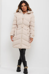 long puffer coat with belt womens