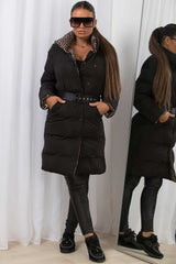 womens long black puffer coat with fendi print