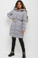 longline padded puffer hooded coat with belt womens
