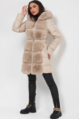 padded puffer jacket with faux fur trim beige