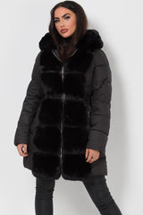 womens black puffer padded hooded down coat with faux fur trim
