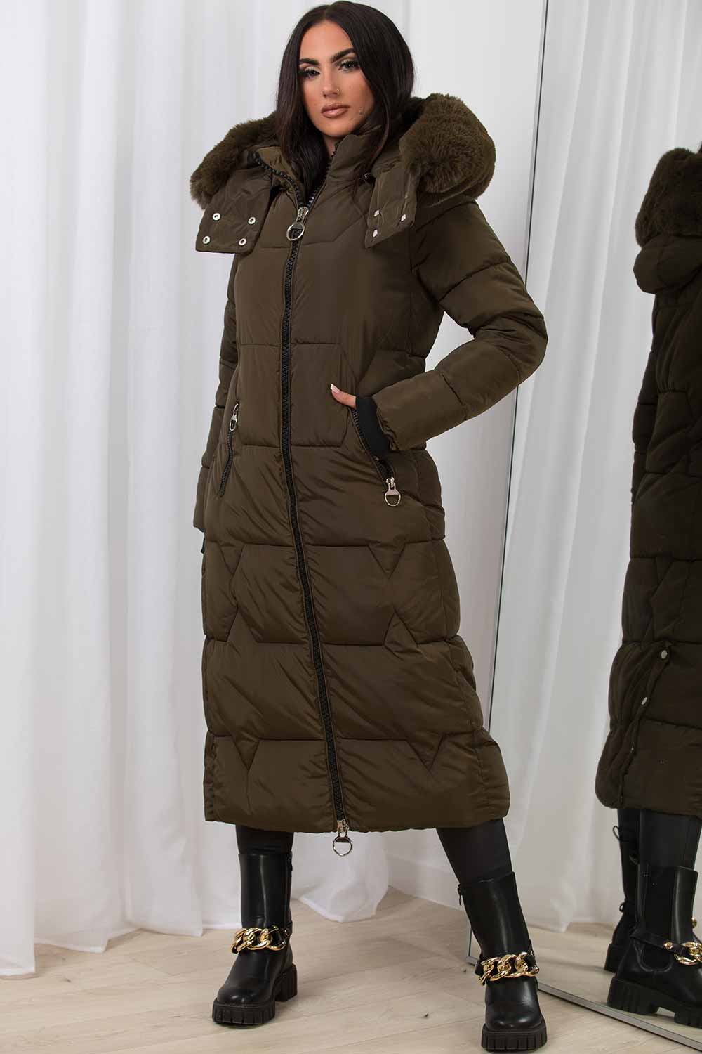 long puffer coat with faux fur hood