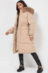 long padded puffer hooded coat with drawstring waist womens