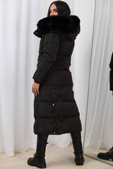 longline puffer coat with faux fur hood womens