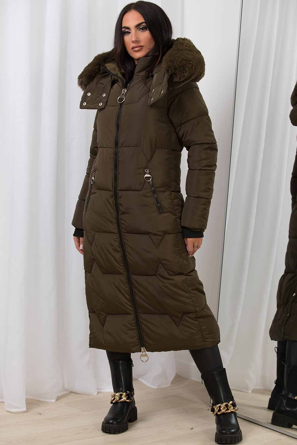 long puffer down coat with faux fur hood womens