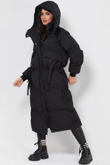 womens long padded puffer hooded coat with drawstring waist