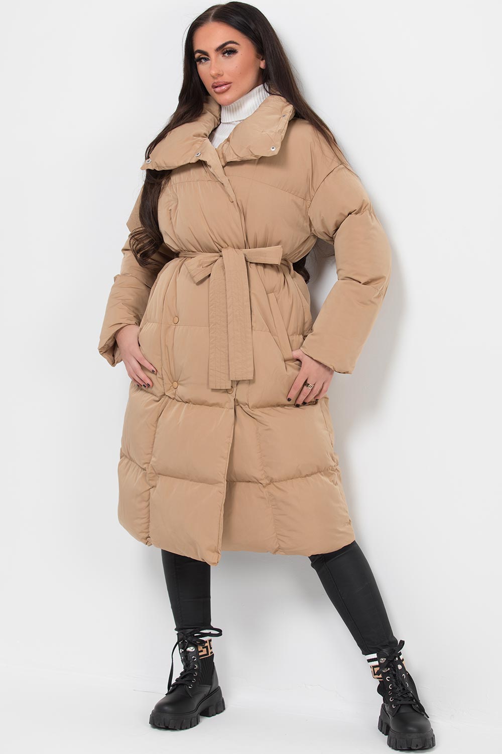 long duvet coat with belt womens