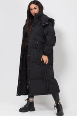 womens black long puffer padded hooded coat