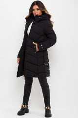 long puffer padded jacket with belt womens