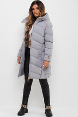 long padded hooded puffer coat with belt womens