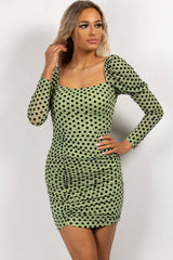 green polka dot ruched long puff sleeve mini dress on sale 