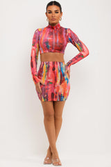 long sleeve crop top and mini skirt co ord in abstract print styledup fashion