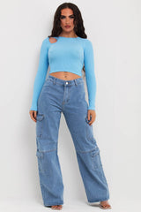 long sleeve ribbed cut out shoulder crop top